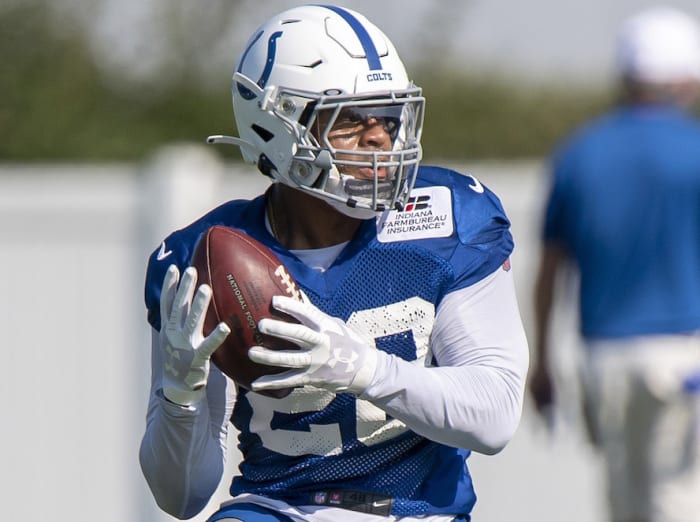 Indianapolis Colts rookie running back Jonathan Taylor catches a pass during a recent practice. The second-round selection is working extra on improving his pass-catching skills, especially after dropping two passes in a scrimmage.